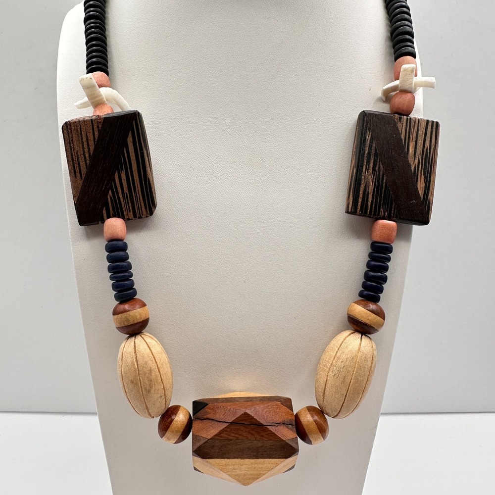 Vintage 90s Boho Chunky Wood Statement Necklace Geometric Beaded Jewelry